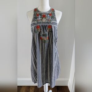 THML Dress Blue Striped Embroidered Floral Sleeveless Boho Dress Size small